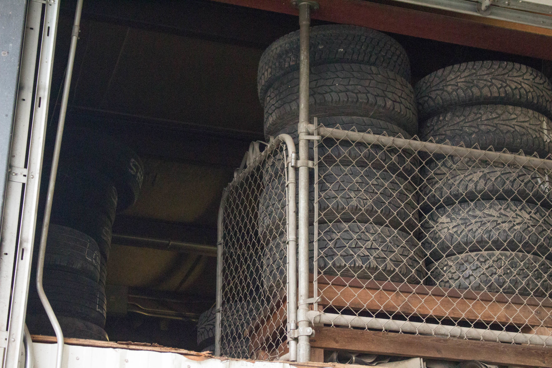 Elevated tire storage area where the wanted man was hiding Tuesday